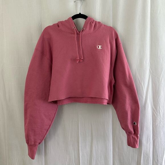 Champion Women's Reverse Weave Cropped Cutoff Hoodie Sweatshirt in Pink Size L - Picture 2 of 8